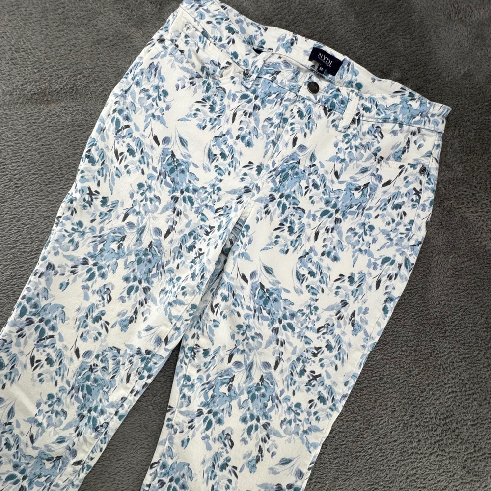 NYDJ Petite Floral Print Cropped Pants Size 8P‎ White Blue Slim Leg